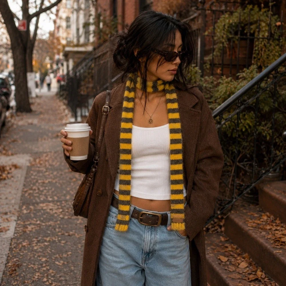 Yellow Gray Striped Knit Skinny Scarf Bee Costume Halloween Accessory Y2K 90s